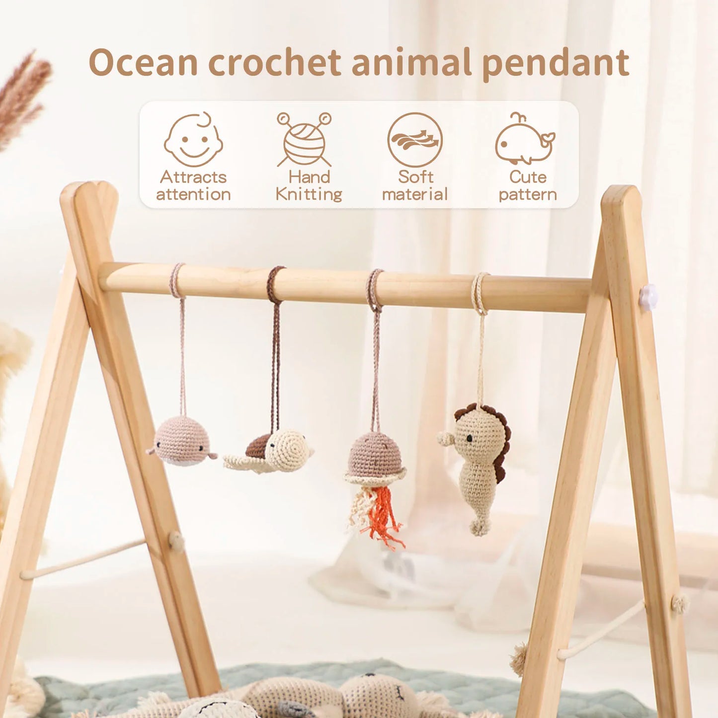 Natural Wooden Baby Play Gym with Animal Rattles