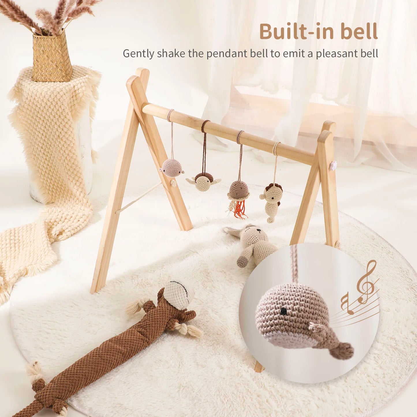 Natural Wooden Baby Play Gym with Animal Rattles