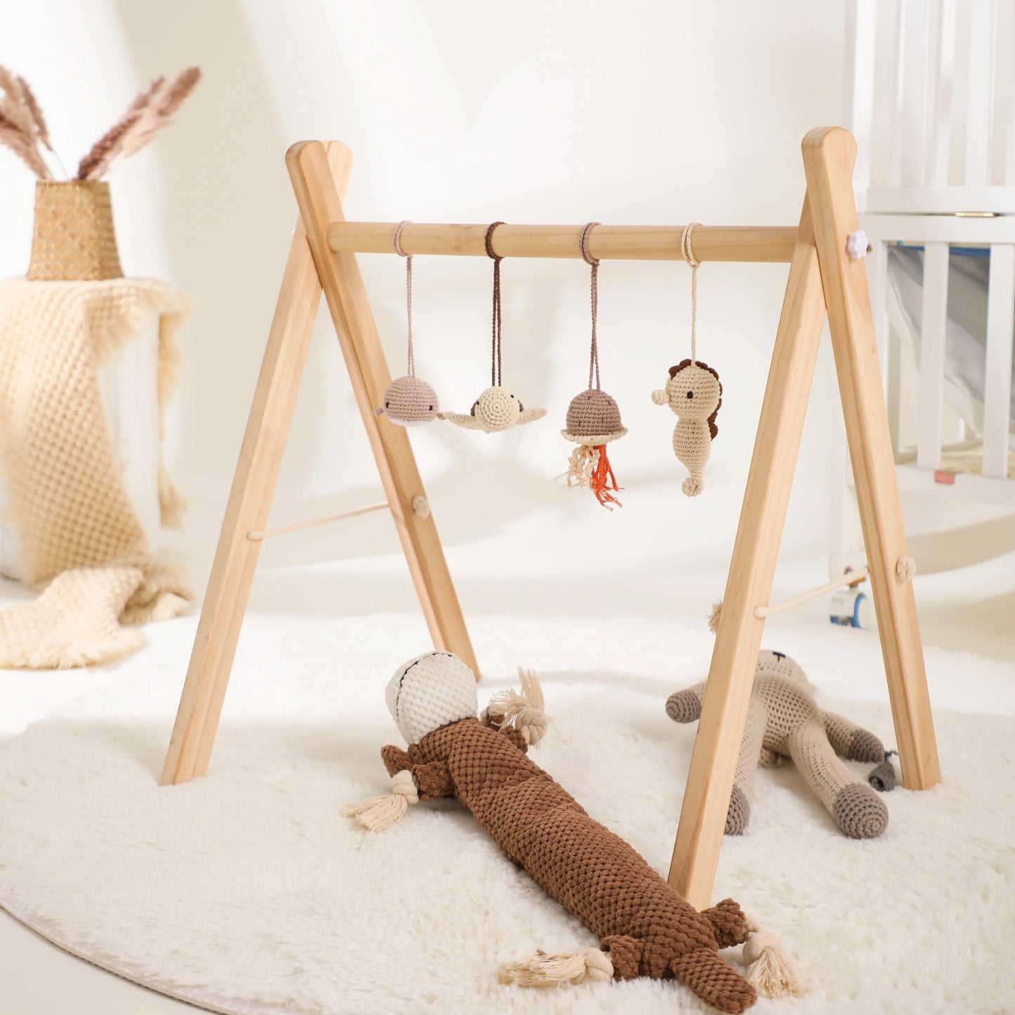 Natural Wooden Baby Play Gym with Animal Rattles